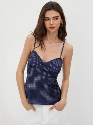 Sweetheart Neckline Polka Dot Lace Trim Knotted Cami Top