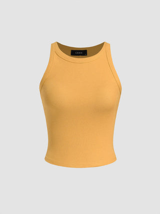 Cotton-blend Round Neckline Solid Tank Top