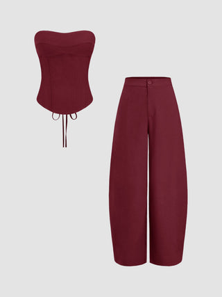 Linen-blend Lace Up Corset Bandeau Top & Mid Rise Barrel-leg Trousers Set
