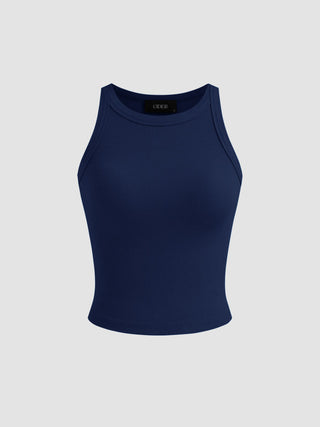 Cotton-blend Round Neckline Solid Tank Top