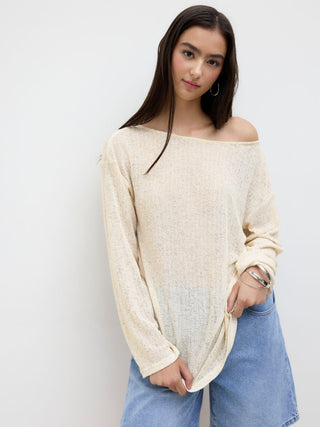 Linen-blend Boat Neck Oversized Long Sleeve Top