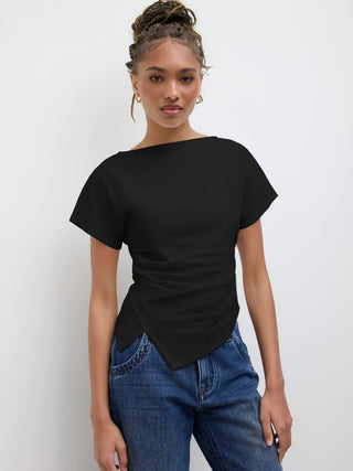 Cotton-blend Boat Neck Ruched Asymmetrical Hem Tee