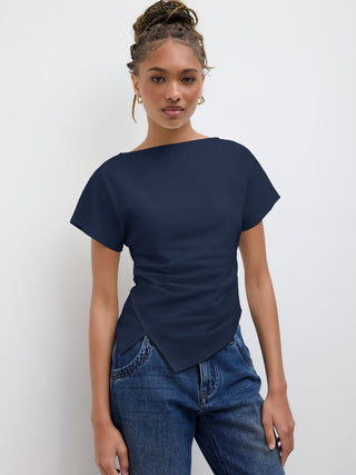 Cotton-blend Boat Neck Ruched Asymmetrical Hem Tee