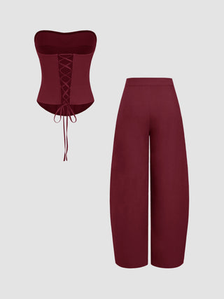 Linen-blend Lace Up Corset Bandeau Top & Mid Rise Barrel-leg Trousers Set