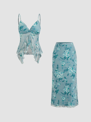 Mesh V-neck Floral Ruffle Cami Top & Mid Rise Maxi Skirt Set For Music Festival/Live House Vacation