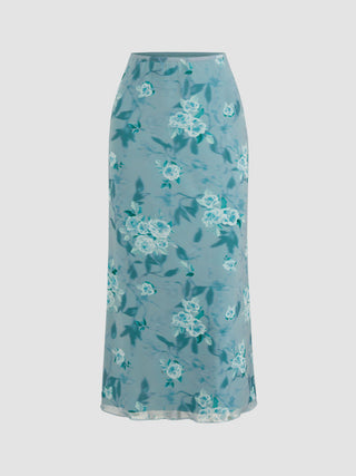 Mesh V-neck Floral Ruffle Cami Top & Mid Rise Maxi Skirt Set For Music Festival/Live House Vacation