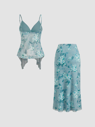 Mesh V-neck Floral Ruffle Cami Top & Mid Rise Maxi Skirt Set For Music Festival/Live House Vacation