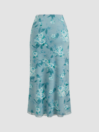 Mesh V-neck Floral Ruffle Cami Top & Mid Rise Maxi Skirt Set For Music Festival/Live House Vacation