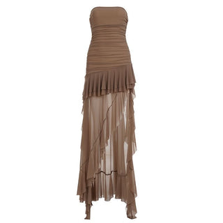 Irregular ruched mesh ruffle tube maxi dress