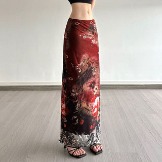 Contrast print mesh maxi skirt