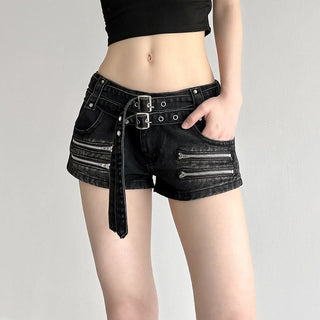 Buckle zip-up denim shorts
