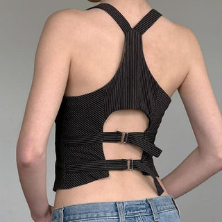 V neck button striped print buckle top