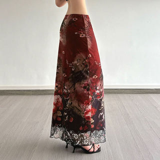 Contrast print mesh maxi skirt