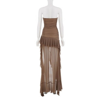Irregular ruched mesh ruffle tube maxi dress
