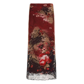 Contrast print mesh maxi skirt