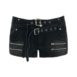 Buckle zip-up denim shorts