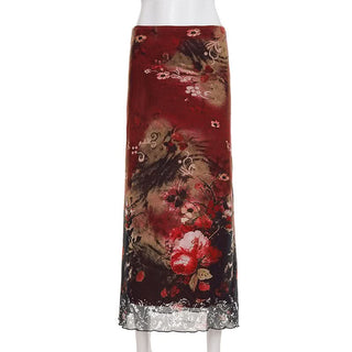 Contrast print mesh maxi skirt