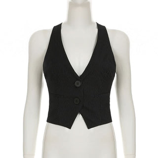 V neck button striped print buckle top