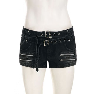 Buckle zip-up denim shorts