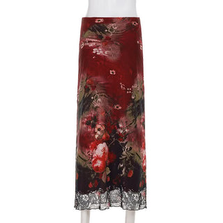 Contrast print mesh maxi skirt