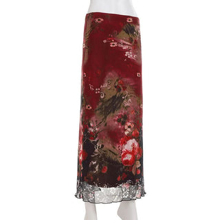 Contrast print mesh maxi skirt