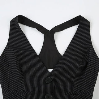 V neck button striped print buckle top