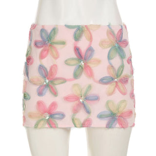 Flower applique glitter zip-up mini skirt