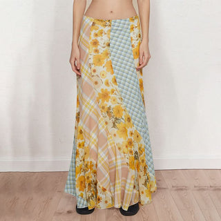 Flower print contrast plaid maxi skirt