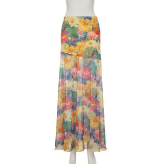Flower print contrast mesh maxi skirt