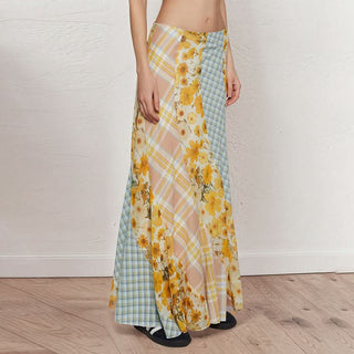Flower print contrast plaid maxi skirt