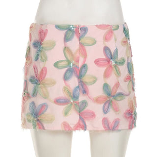 Flower applique glitter zip-up mini skirt