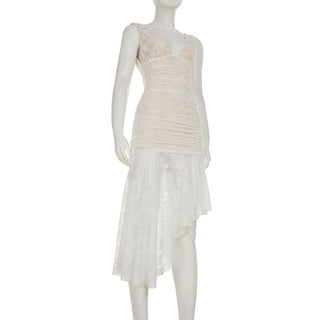 V neck lace ruched midi dress