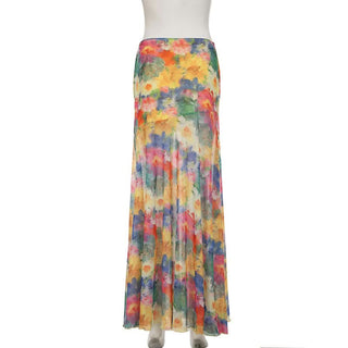 Flower print contrast mesh maxi skirt