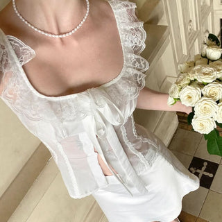 Bowknot lace hem ruffle square neck top