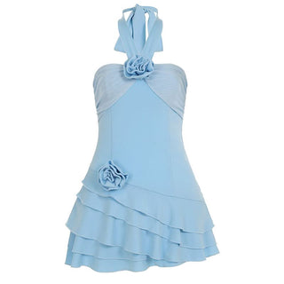 Halter flower applique ruffle mini dress