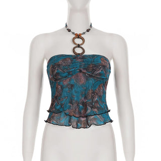 Contrast o ring ruffle halter beaded top