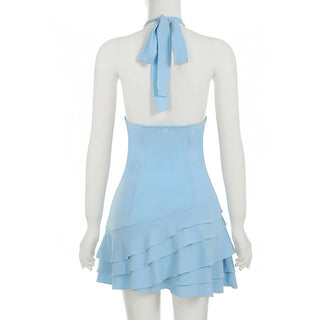 Halter flower applique ruffle mini dress