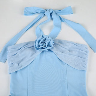 Halter flower applique ruffle mini dress