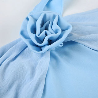 Halter flower applique ruffle mini dress