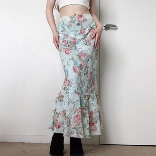Flower print ruffle lace maxi skirt