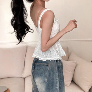 Lace hem hollow out bowknot cami cut out top