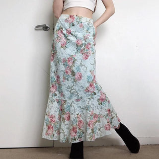 Flower print ruffle lace maxi skirt