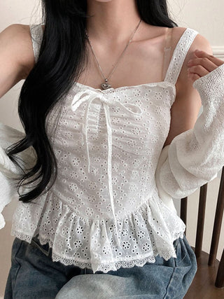 Lace hem hollow out bowknot cami cut out top