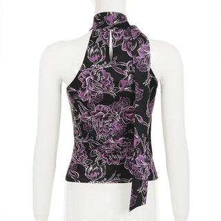 Flower print sleeveless self tie top
