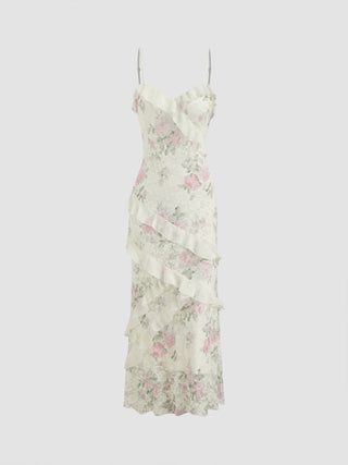 Lace V-neck Floral Ruffle Maxi Dress