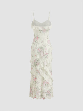 Lace V-neck Floral Ruffle Maxi Dress