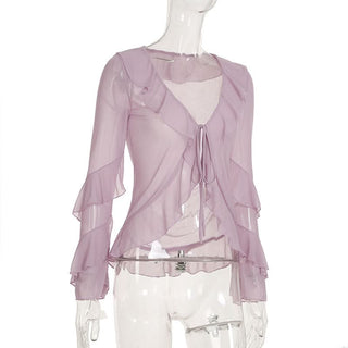 Long sleeve v neck ruffle mesh self tie top