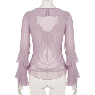 Long sleeve v neck ruffle mesh self tie top