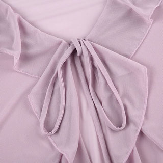 Long sleeve v neck ruffle mesh self tie top