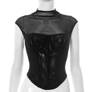 Mesh patchwork cap sleeve crewneck corset top